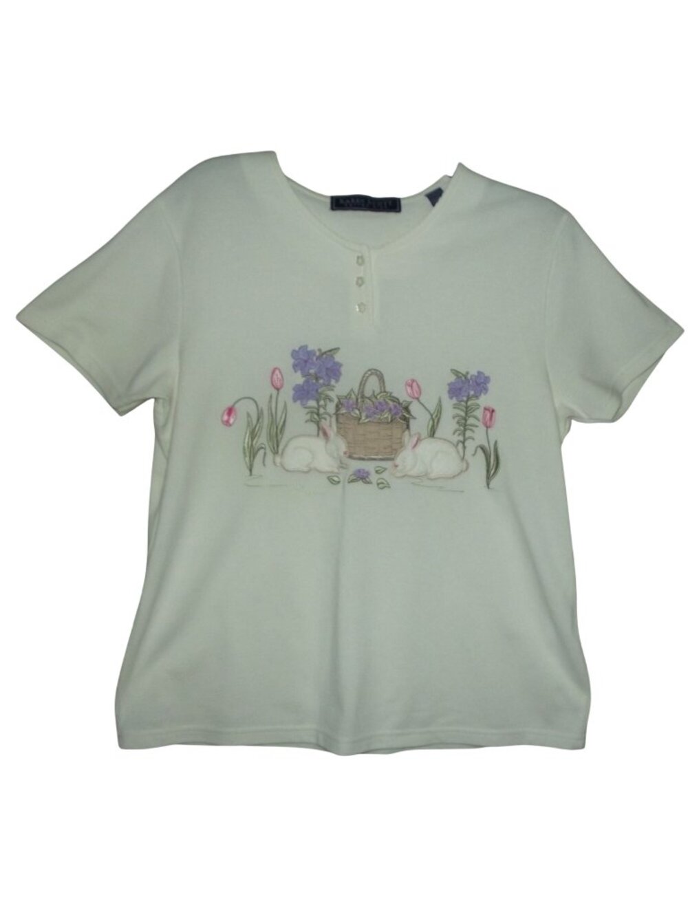 Karen Scott Sport Easter Henley T-shirt Womens Size Medium white bunny basket
